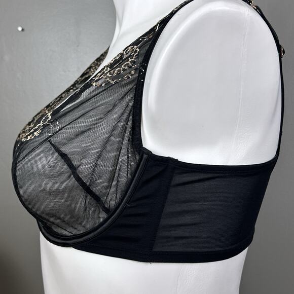 Cacique Plunge Bra Size 40C Black Sheer Mesh U Underwire Animal Print Sexy - Picture 4 of 10